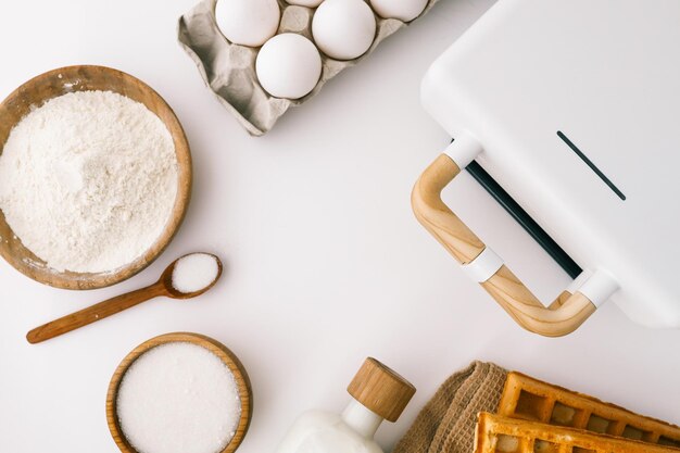 Kitchen workspace with ingredients and utensils